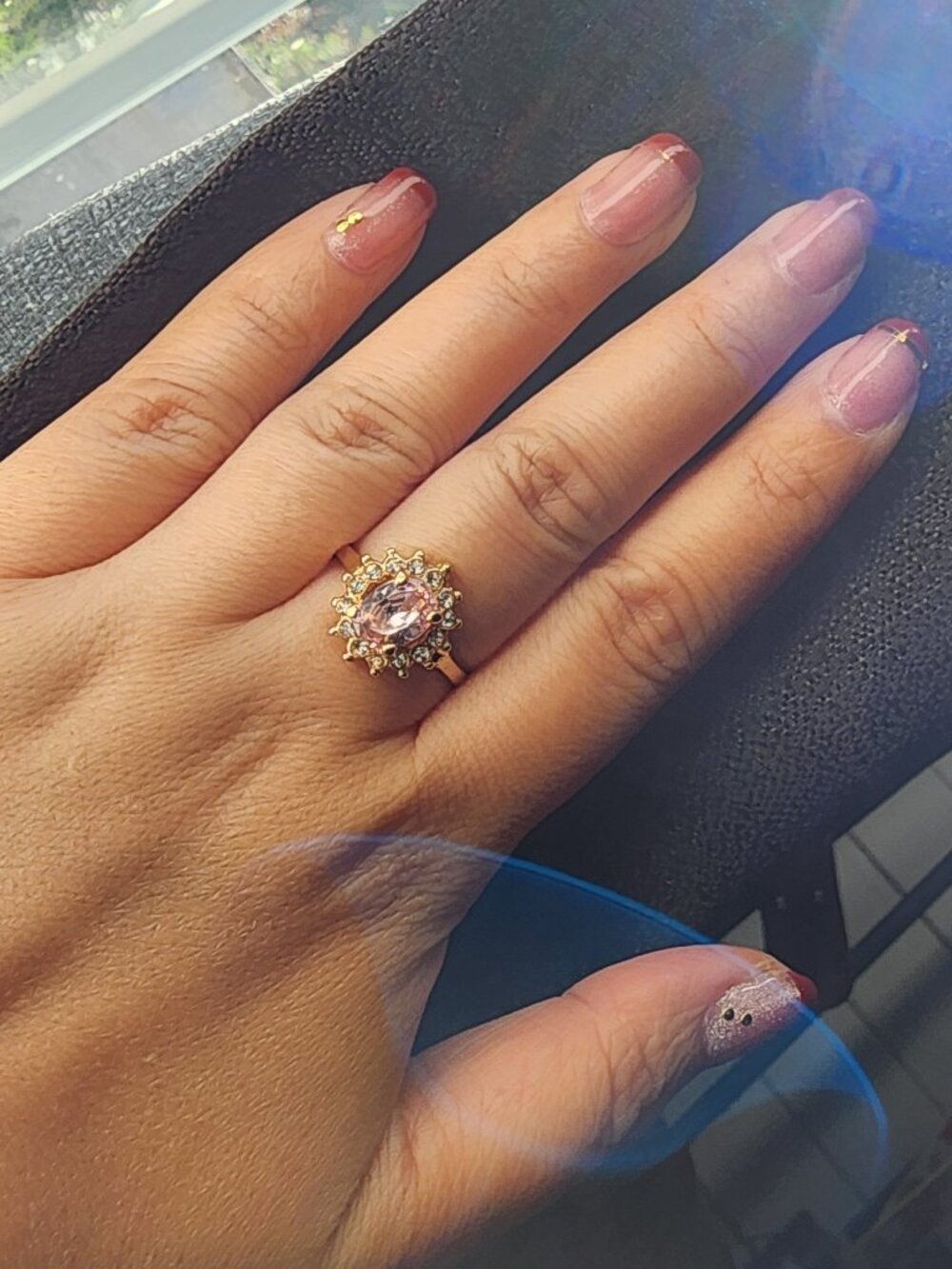 Gold Tone Pink Crystal Halo Stud Earrings and Ring Set -  Stainless Steel - Picture 5 of 6